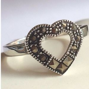Sterling Silver Open Heart Marcasite Ring Size 8 9
